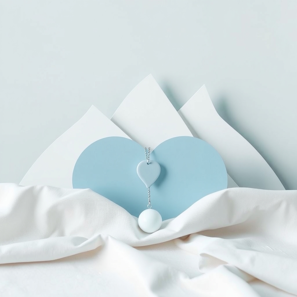 A paper-cut blue car shape before snowy mountains with a speech-bubble pendant on folded cotton.